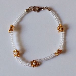 Gold & White / Clear Glass Beaded Flower Bracelet